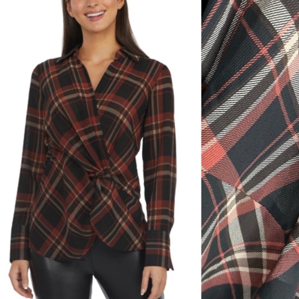 Laundry by Shelli Segal V-Neck Crossover Long Sleeve Blouse Rust Plaid Small